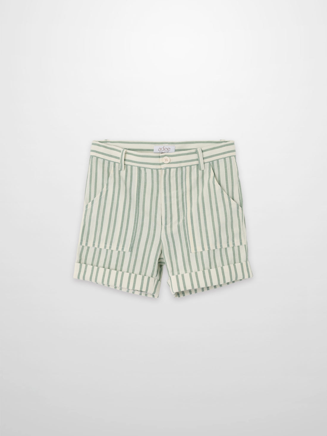 Green striped denim shorts for boys by Adee with rolled cuffs