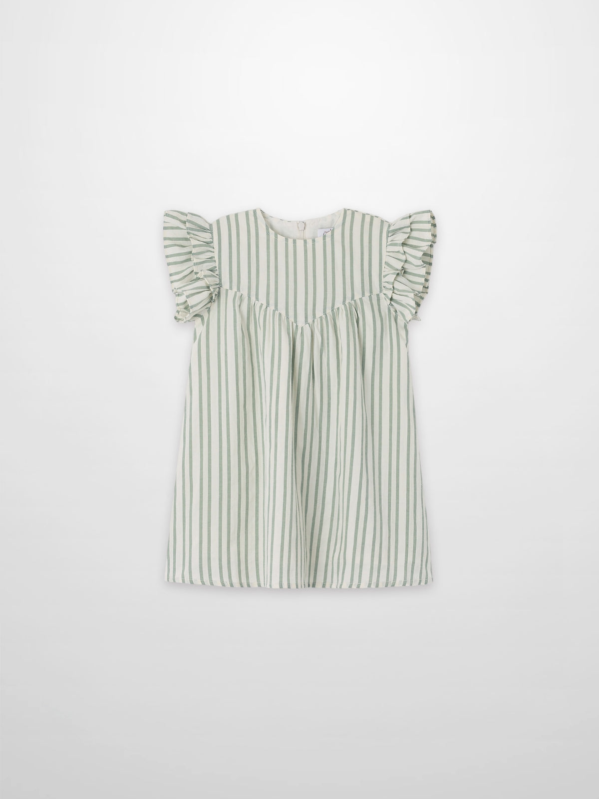 Green striped dress with flutter sleeves and gathered waist