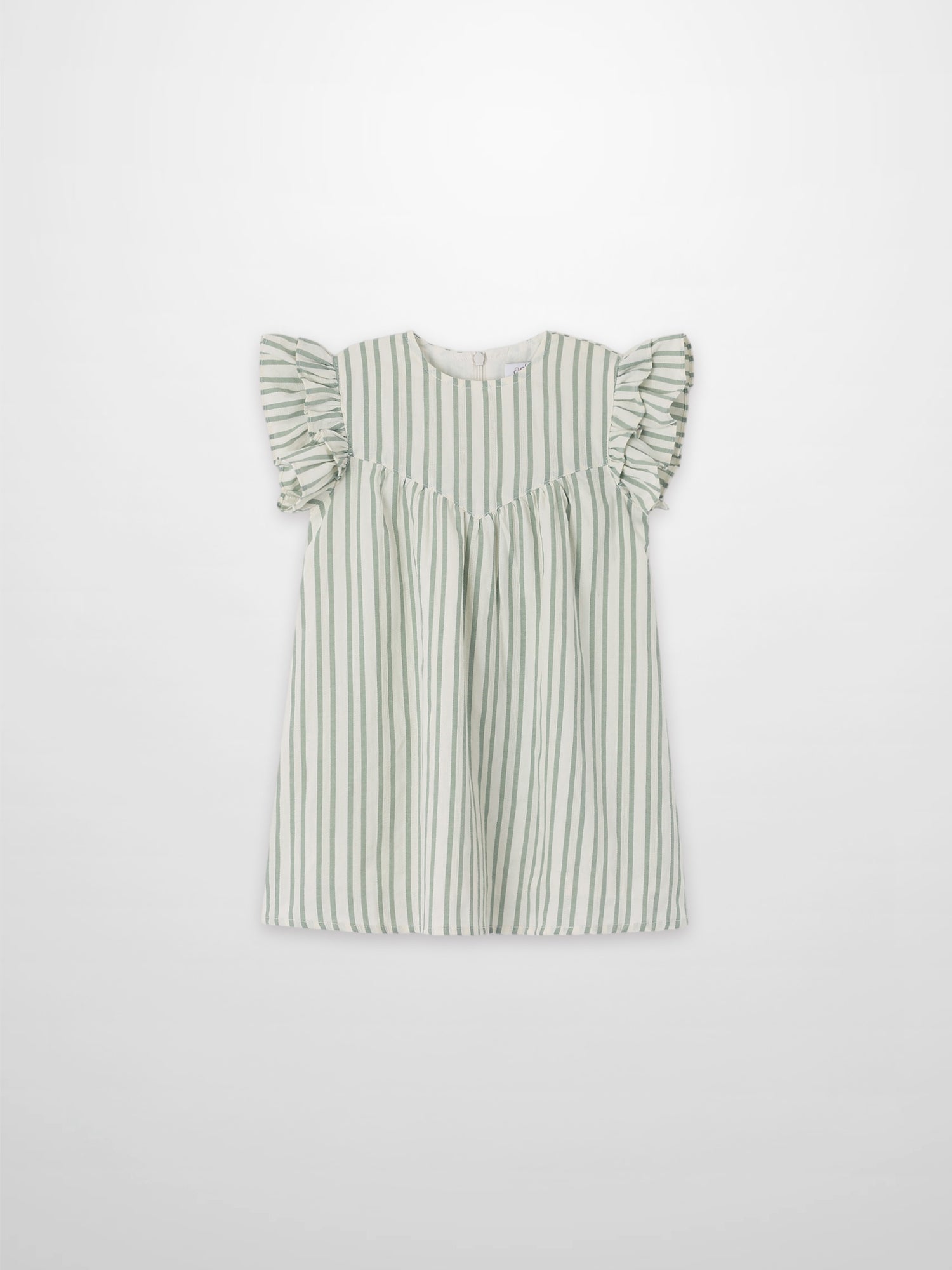 Green striped dress with flutter sleeves and gathered waist