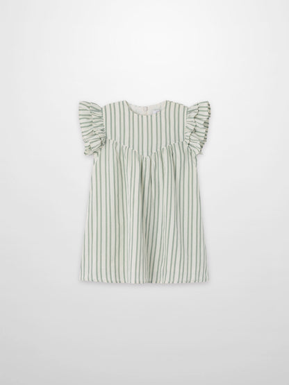 Green striped dress with flutter sleeves and gathered waist