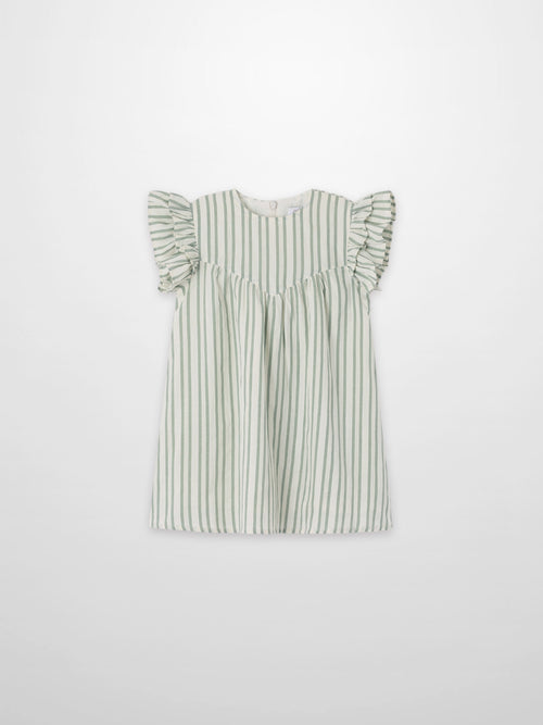Green striped dress with flutter sleeves and gathered waist