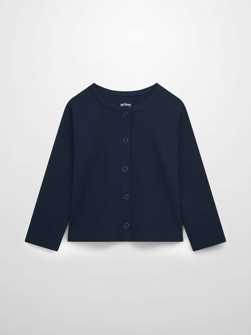 Thin ribbed cardigan navy by Adee; unisex dressy top with front buttons.
