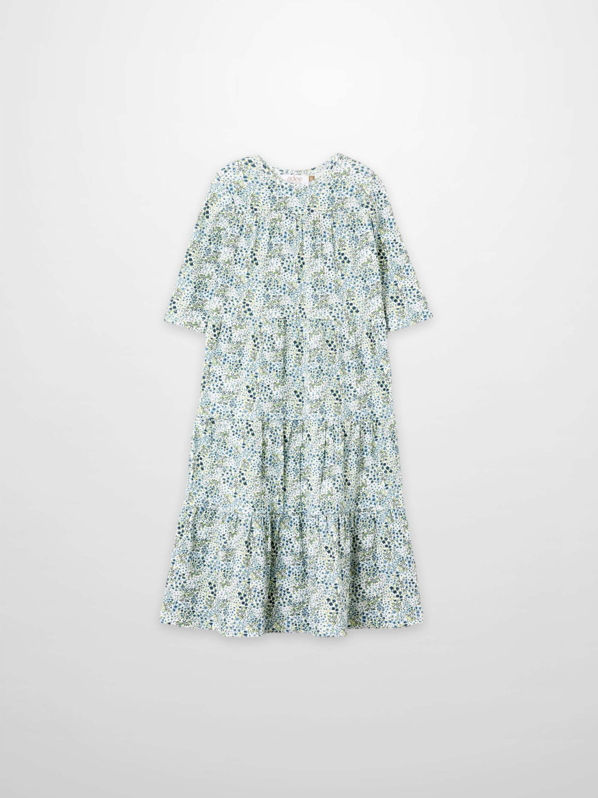 Adee girls dressy blue floral print dress with 3/4 sleeves and a tiered skirt.