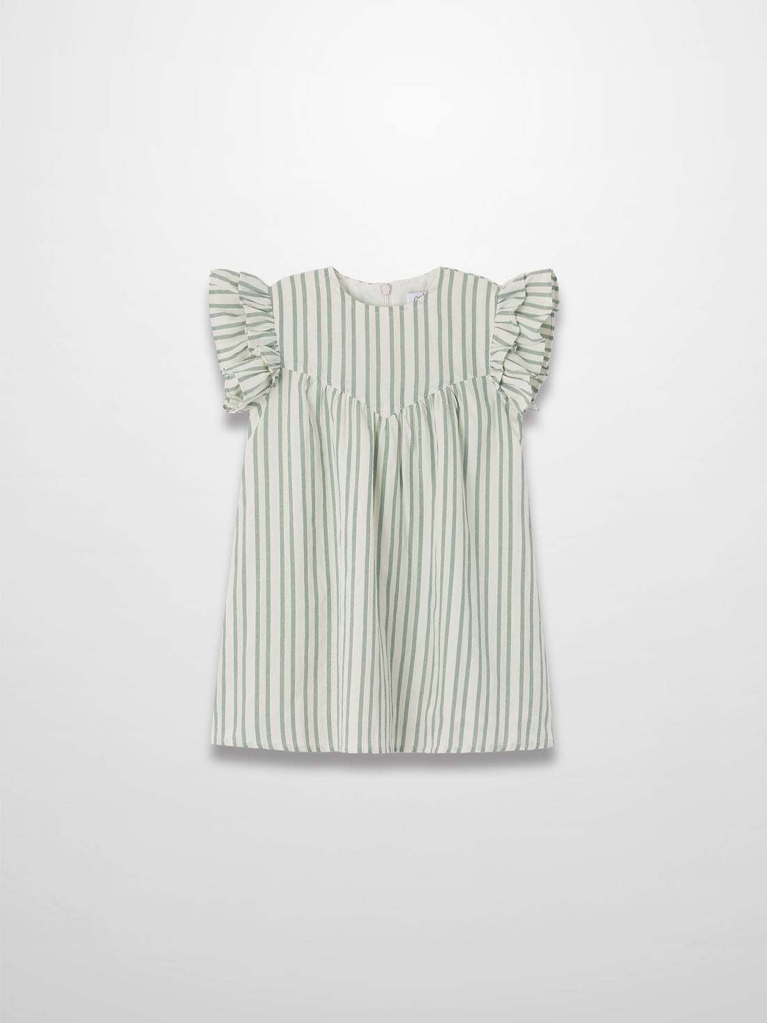 Green striped dress with flutter sleeves and a gathered waist.