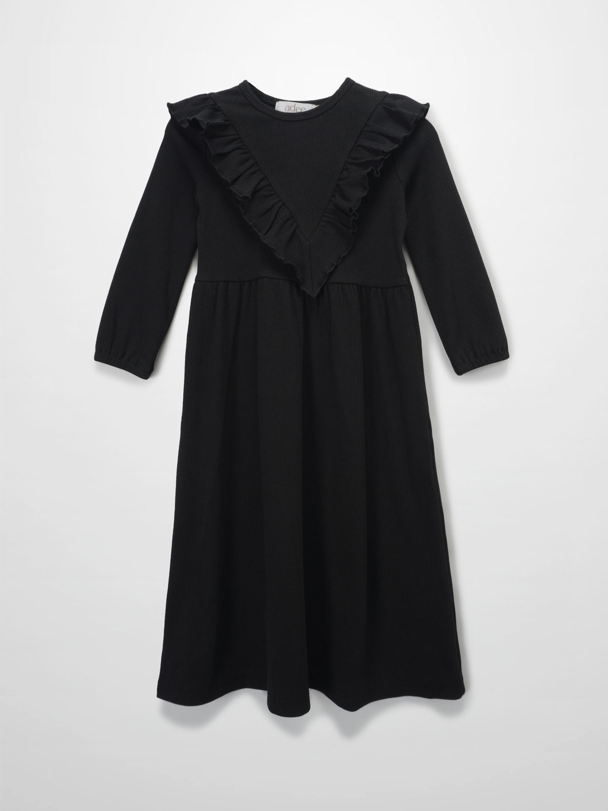 Ruffle V Robe black ribbed maxi dress for girls with V-front ruffle and gathered waist.