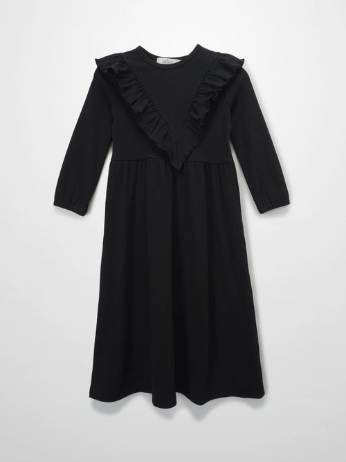 Ruffle V Robe black ribbed maxi dress for girls with V-front ruffle and gathered waist.