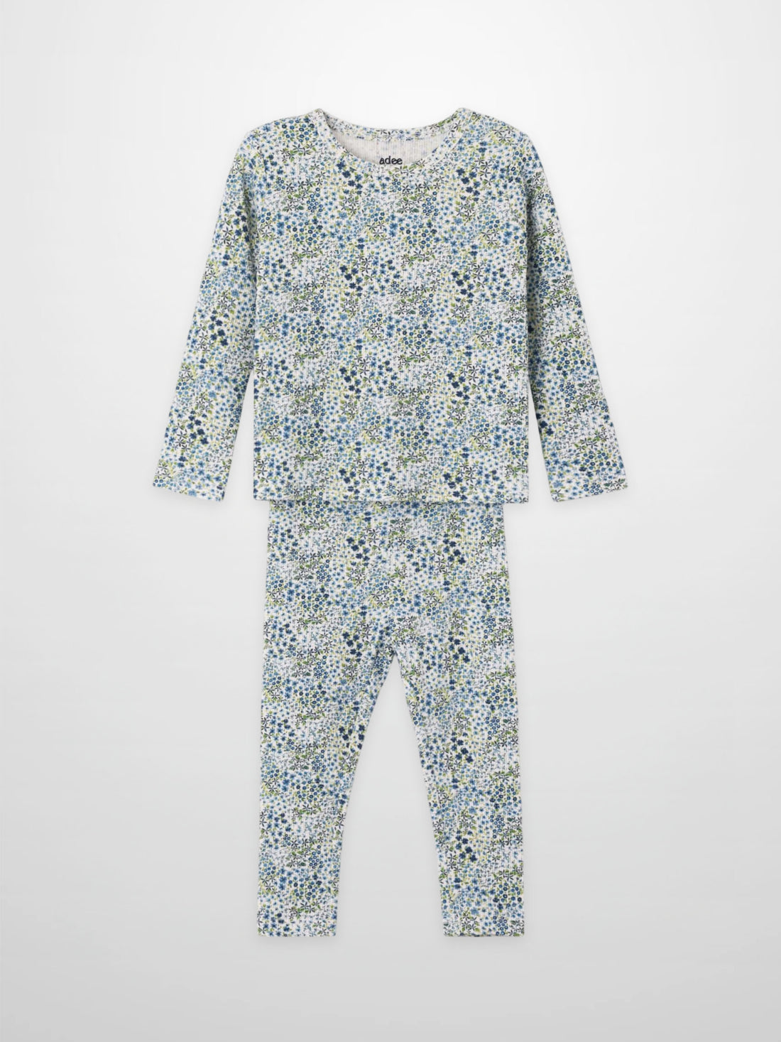 Blue floral girls pajama set by Adee, two-piece long-sleeve top and matching pants