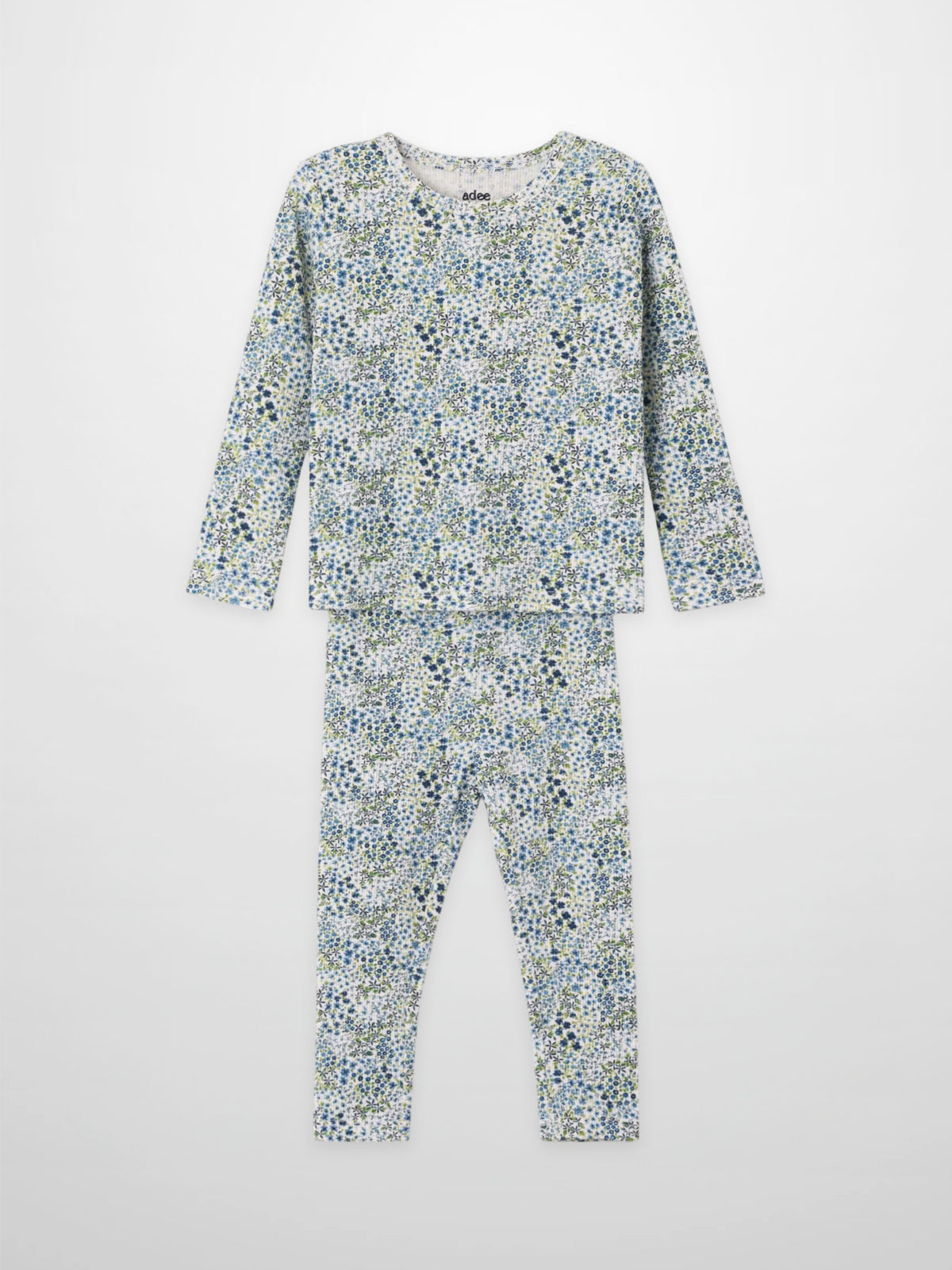 Blue floral girls pajama set by Adee, two-piece long-sleeve top and matching pants