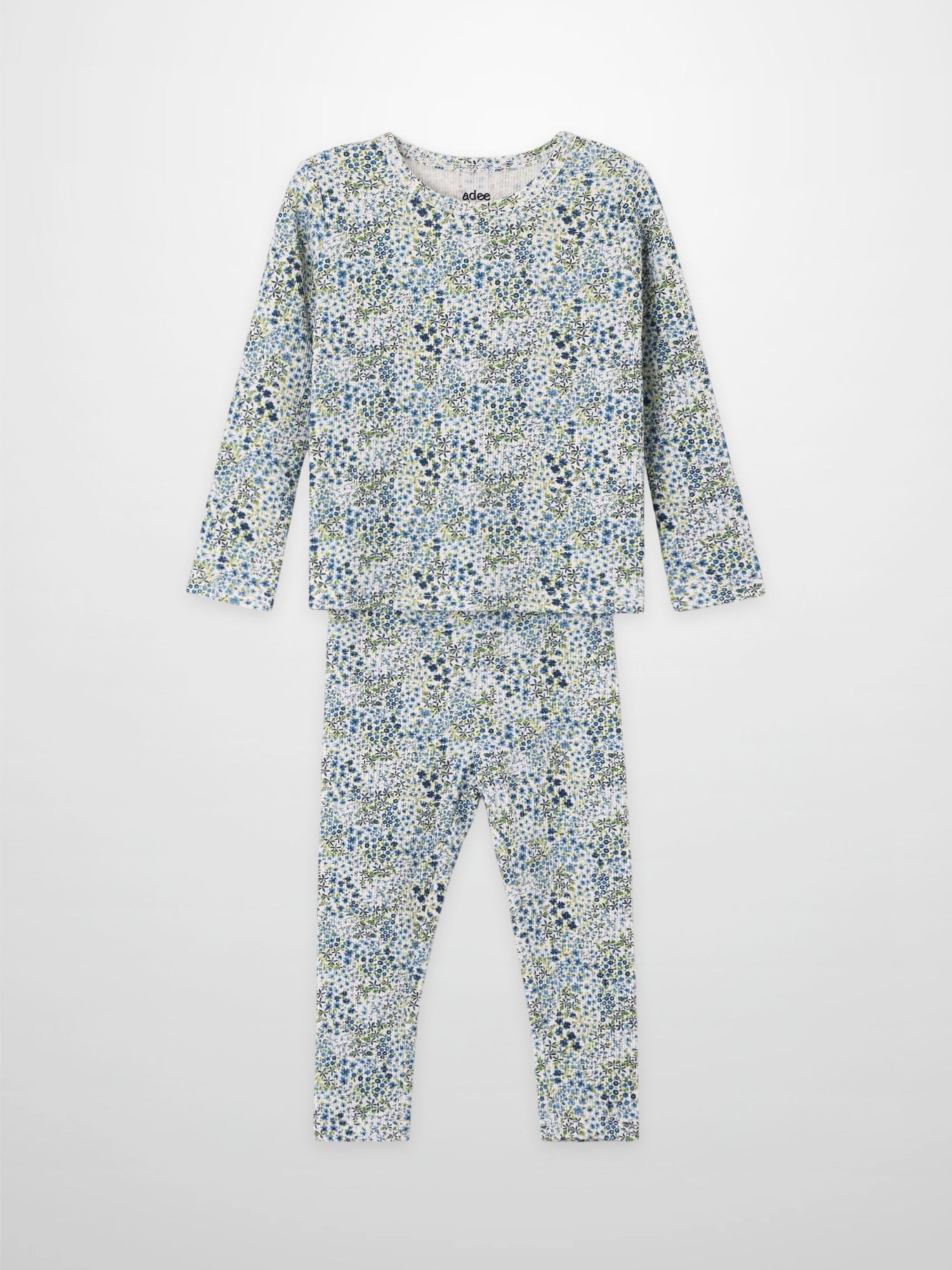 Blue floral girls pajama set by Adee, two-piece long-sleeve top and matching pants