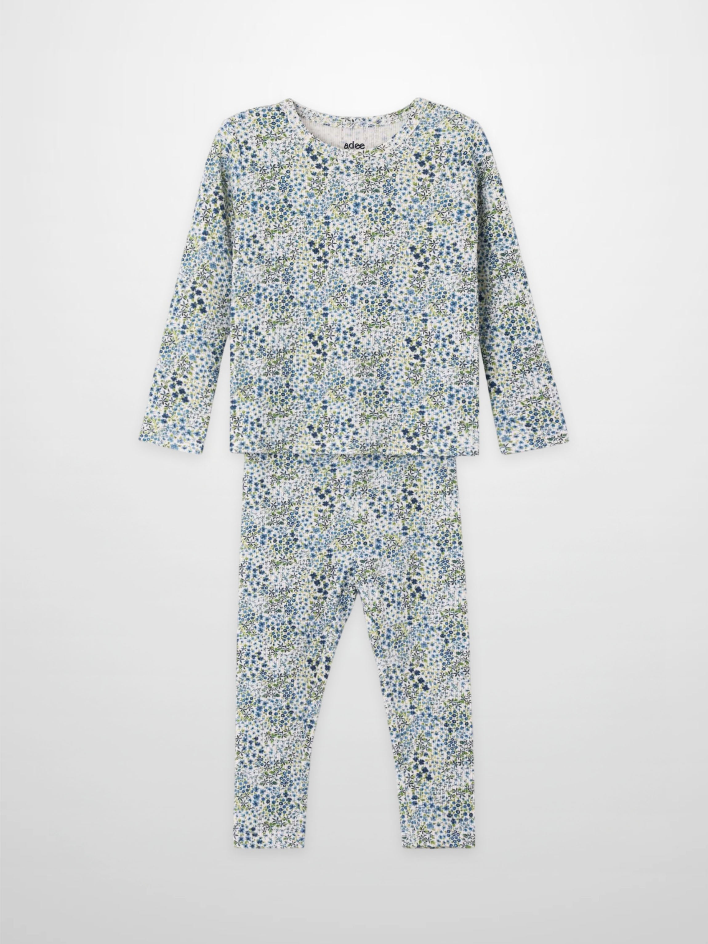 Blue floral girls pajama set by Adee, two-piece long-sleeve top and matching pants