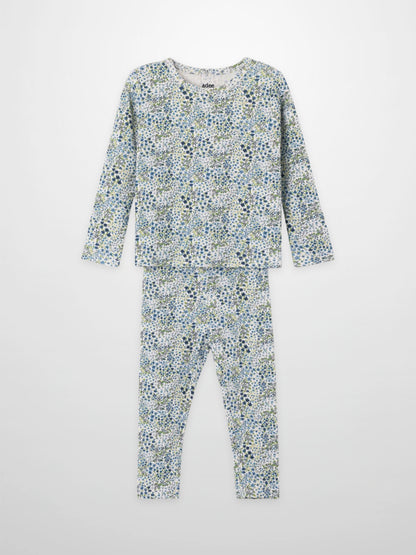 Blue floral girls pajama set by Adee, two-piece long-sleeve top and matching pants