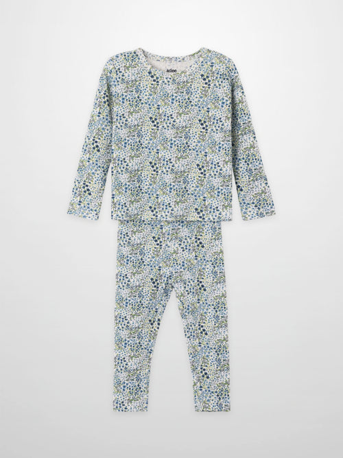 Blue floral girls pajama set by Adee, two-piece long-sleeve top and matching pants