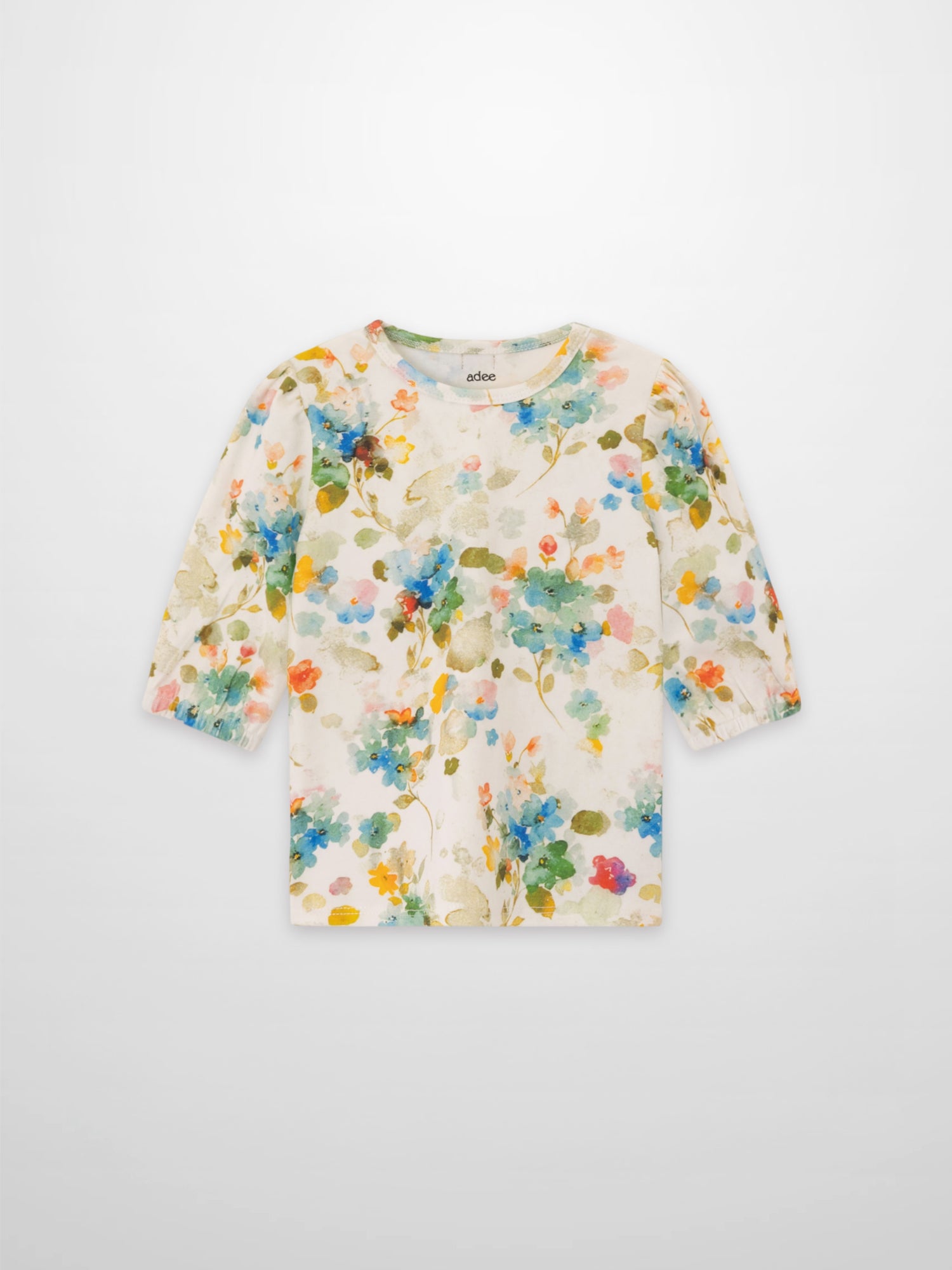 Pastel Flower 3/4 Puff Sleeve T-Shirt for girls, Adee brand, white with watercolor floral print