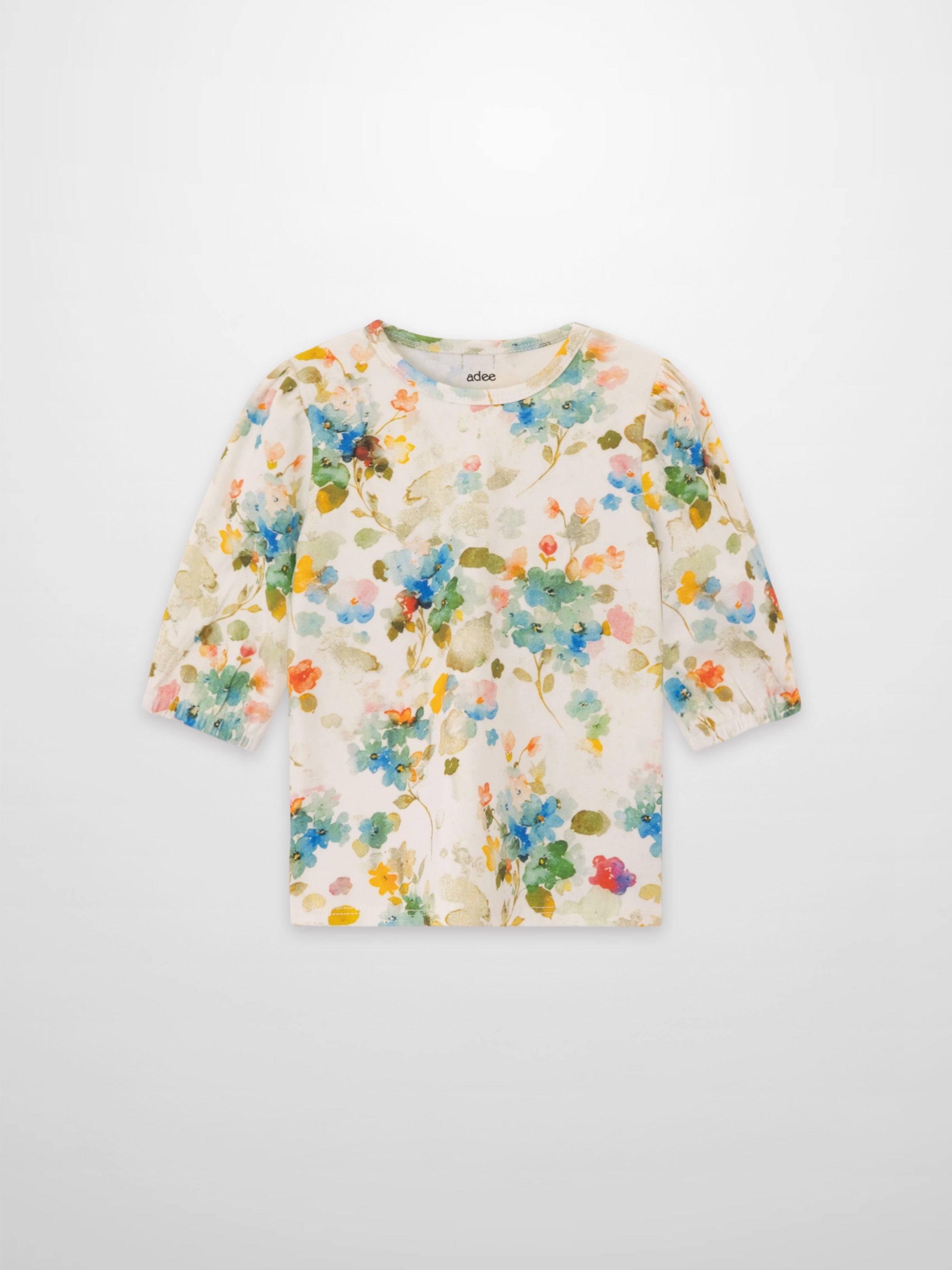 Pastel Flower 3/4 Puff Sleeve T-Shirt for girls, Adee brand, white with watercolor floral print