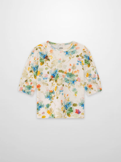 Pastel Flower 3/4 Puff Sleeve T-Shirt for girls, Adee brand, white with watercolor floral print