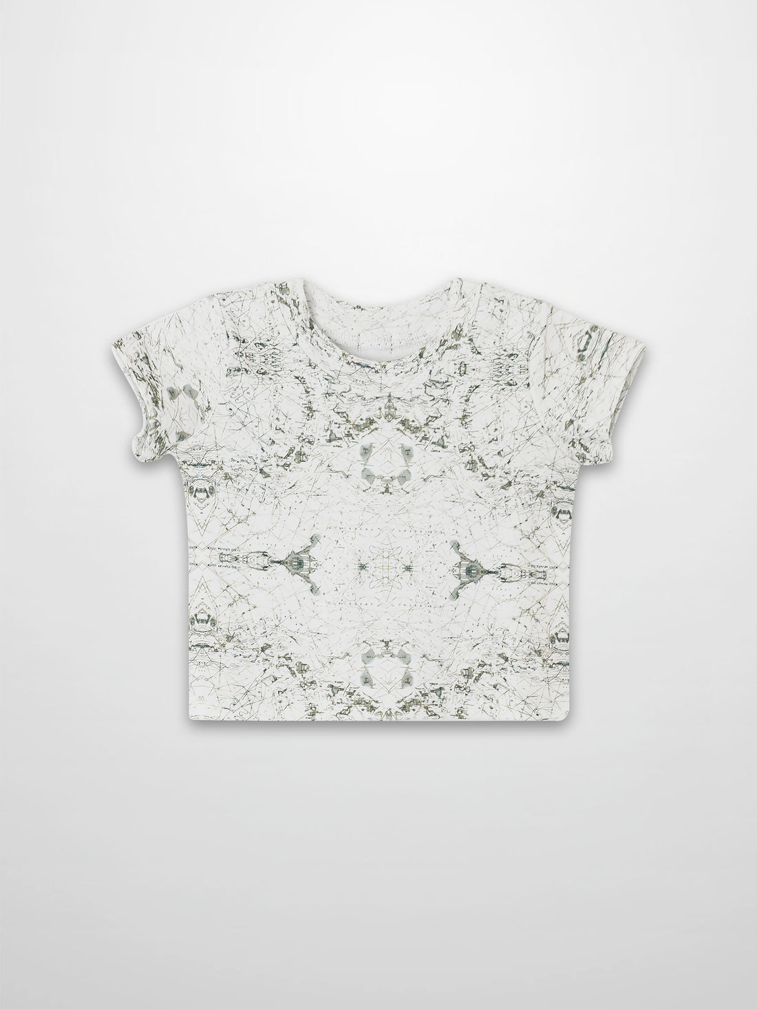 Map T-shirt with vintage sage-green map lines and compass markers on off-white fabric for babies and toddlers.