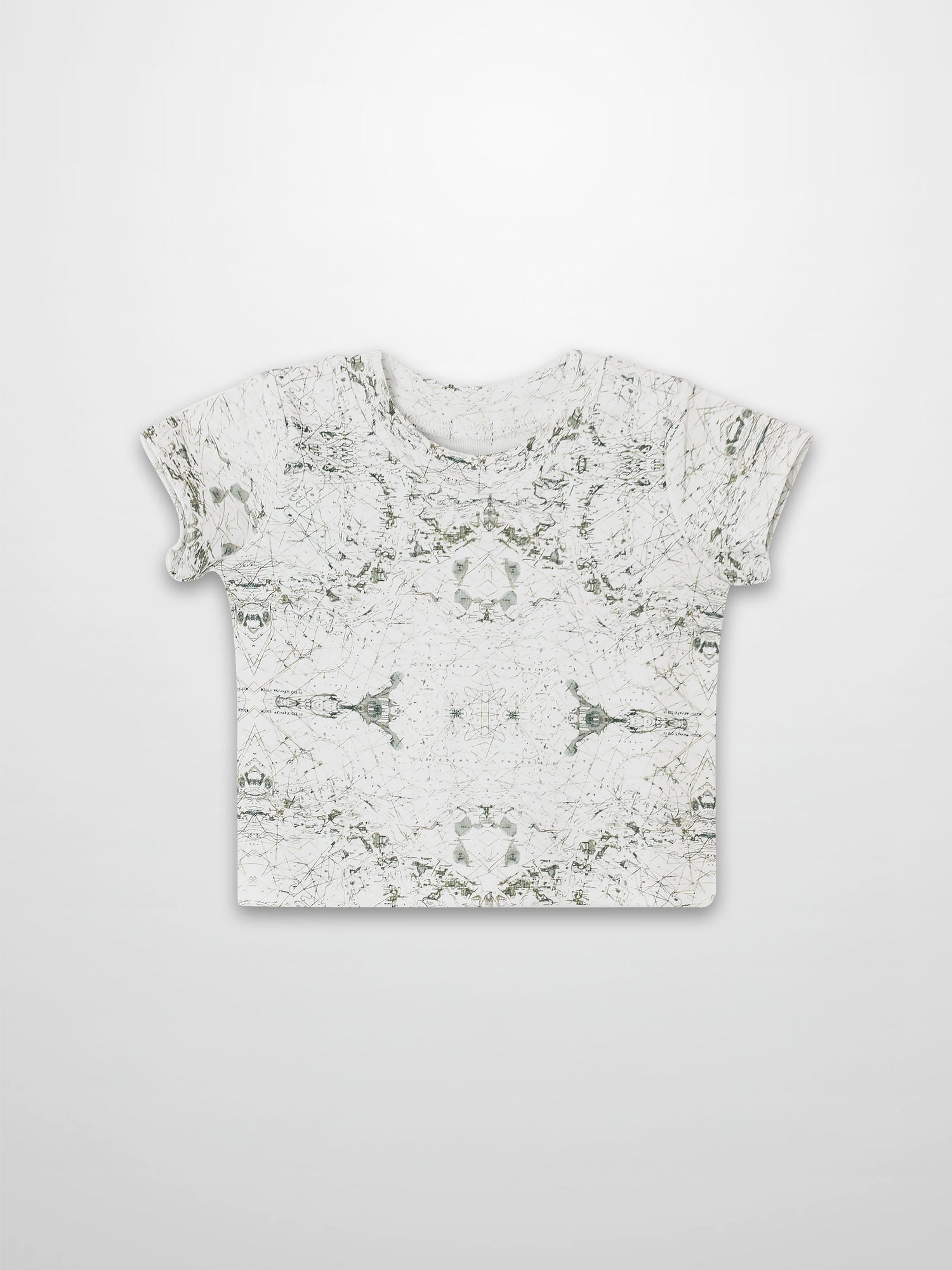 Map T-shirt with vintage sage-green map lines and compass markers on off-white fabric for babies and toddlers.