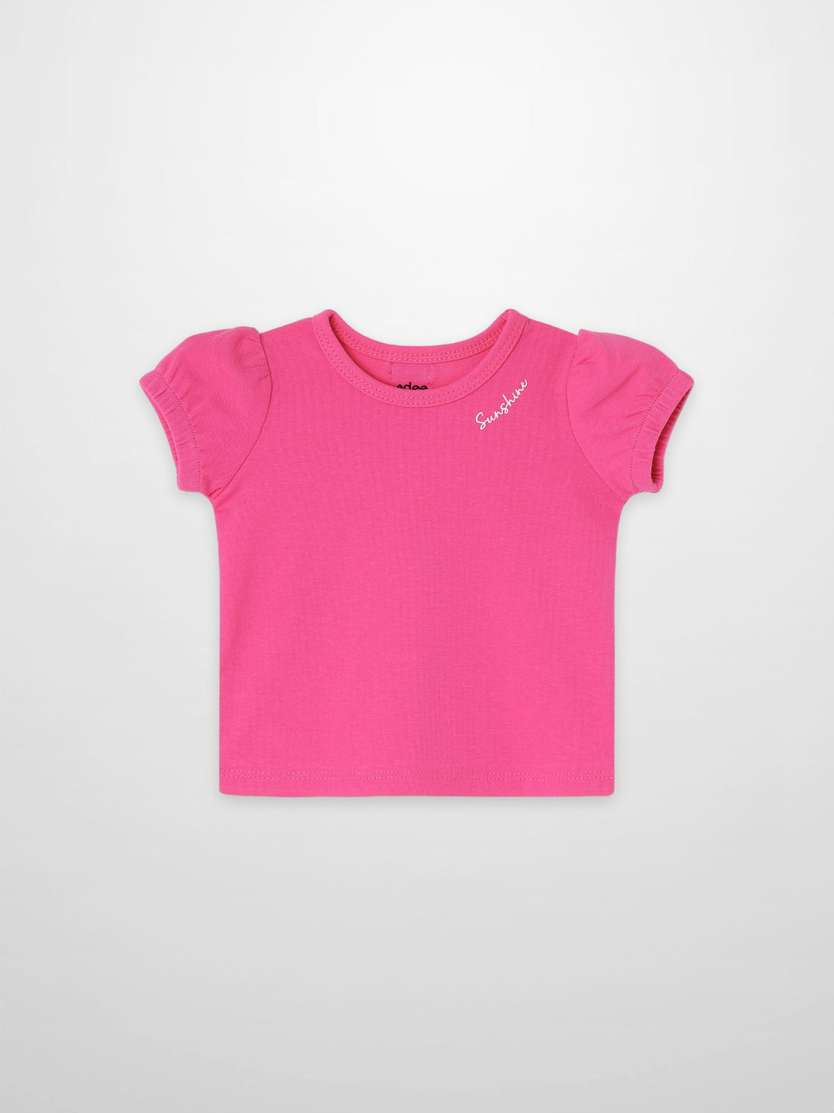 Short Sleeve Bubble T-Shirt - Pink for girls, bright pink with puff sleeves.