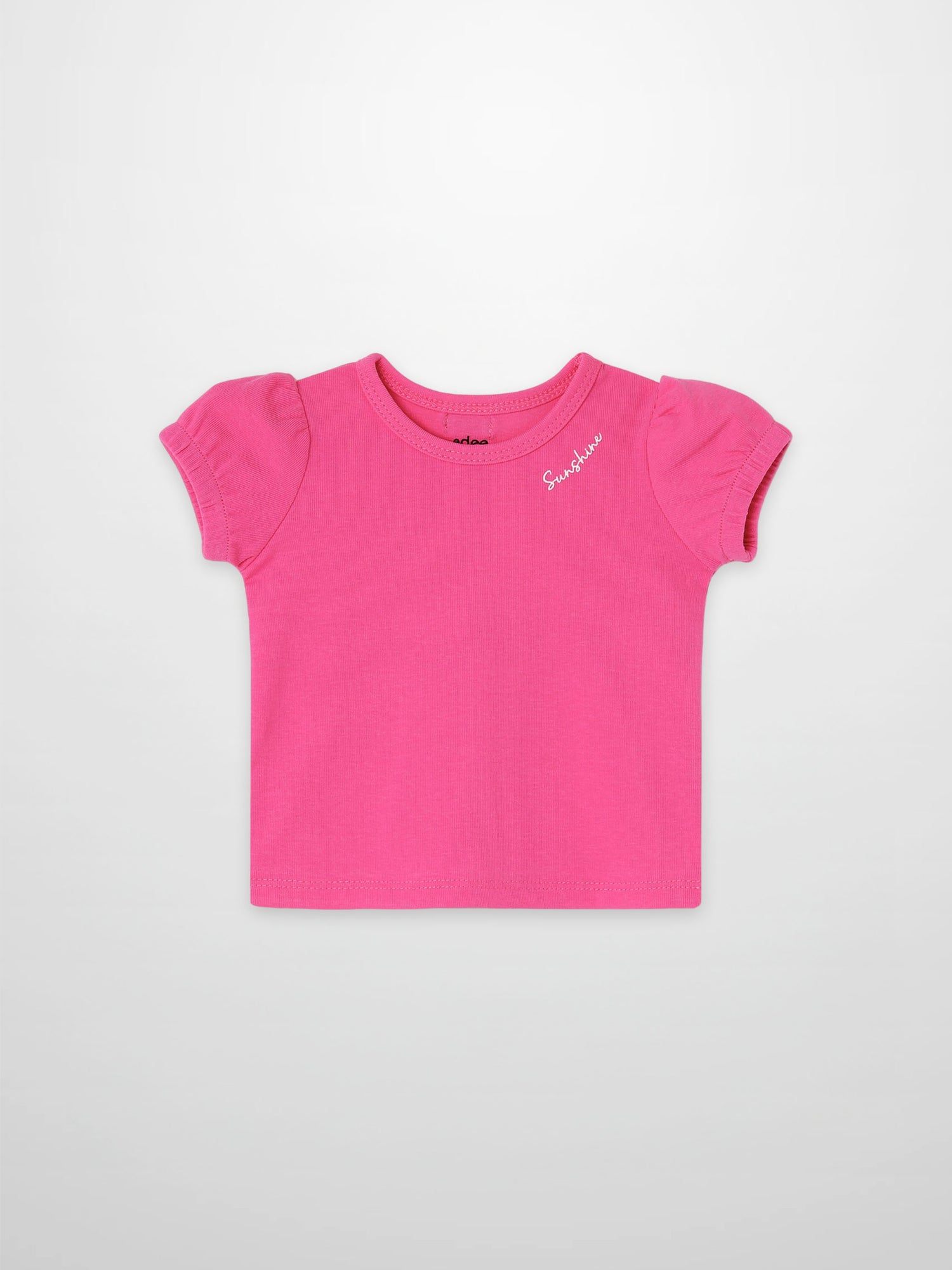 Short Sleeve Bubble T-Shirt - Pink for girls, bright pink with puff sleeves.