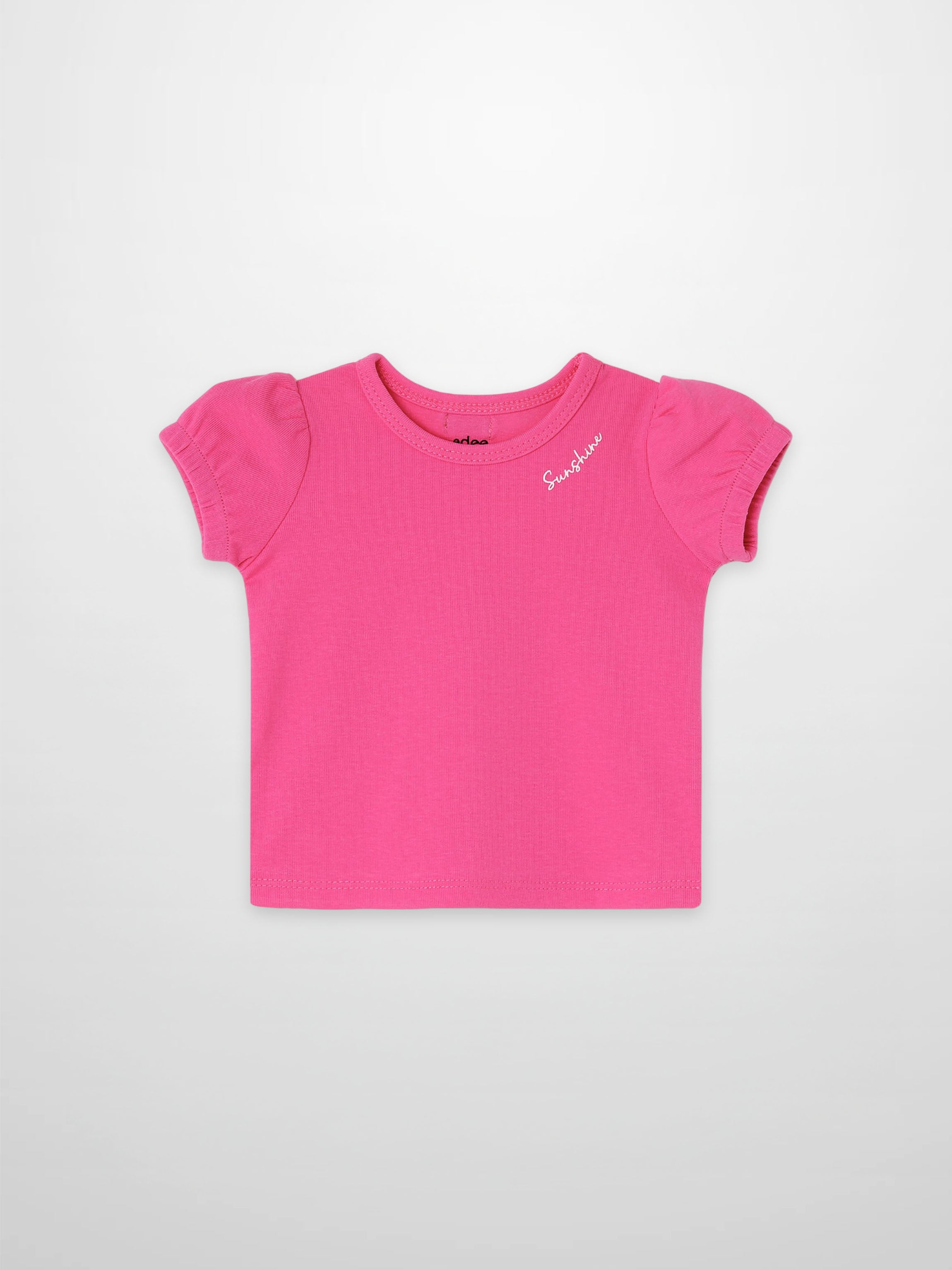 Short Sleeve Bubble T-Shirt - Pink for girls, bright pink with puff sleeves.
