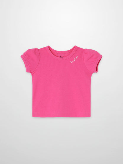 Short Sleeve Bubble T-Shirt - Pink for girls, bright pink with puff sleeves.