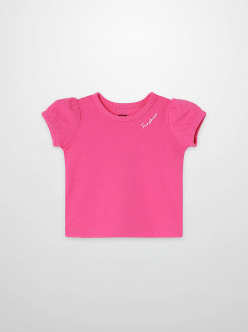 Short Sleeve Bubble T-Shirt - Pink for girls, bright pink with puff sleeves.