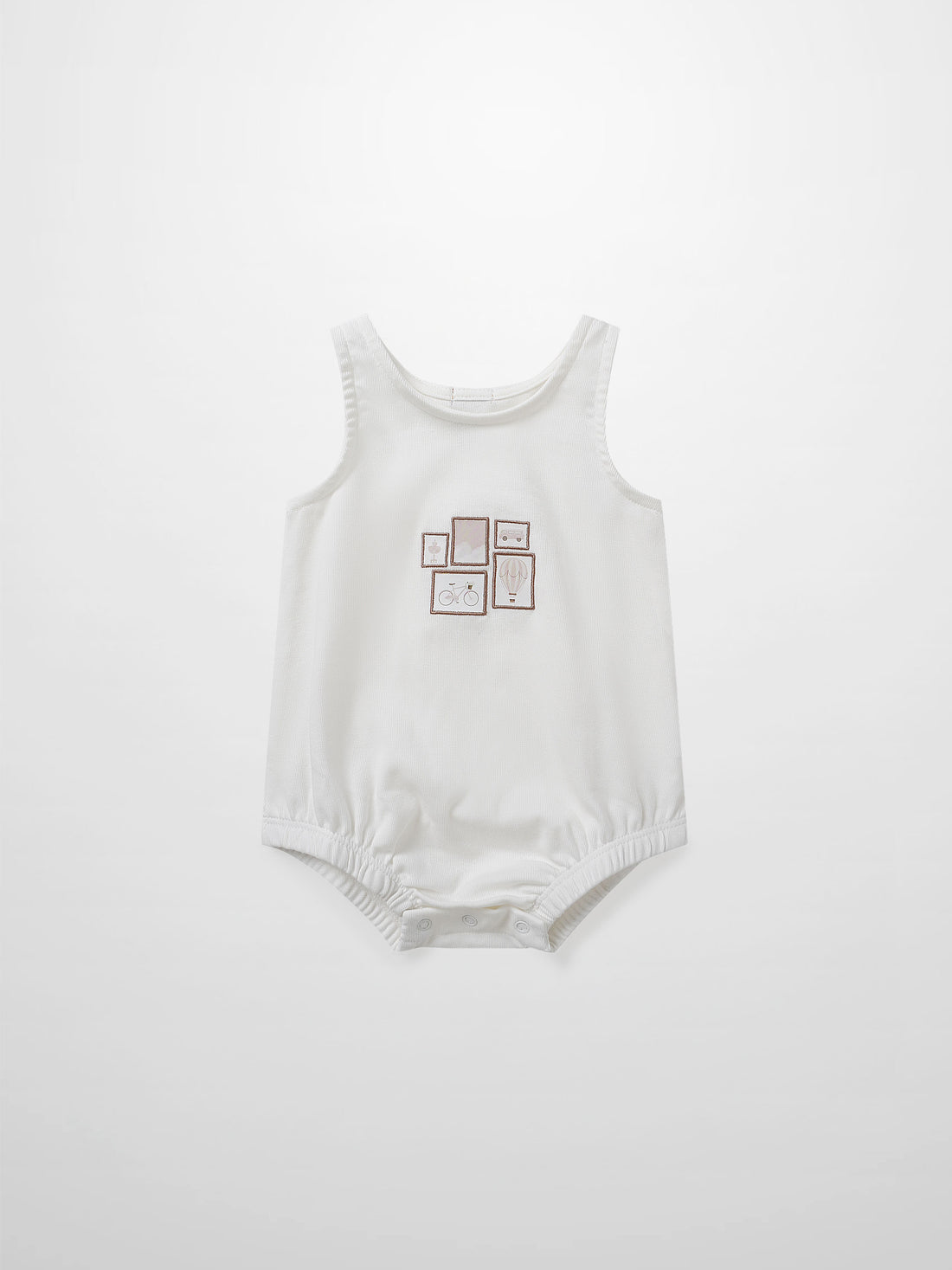 Adee Mini Gallery Romper for baby girls, white sleeveless romper with small framed print on front; snap bottom.