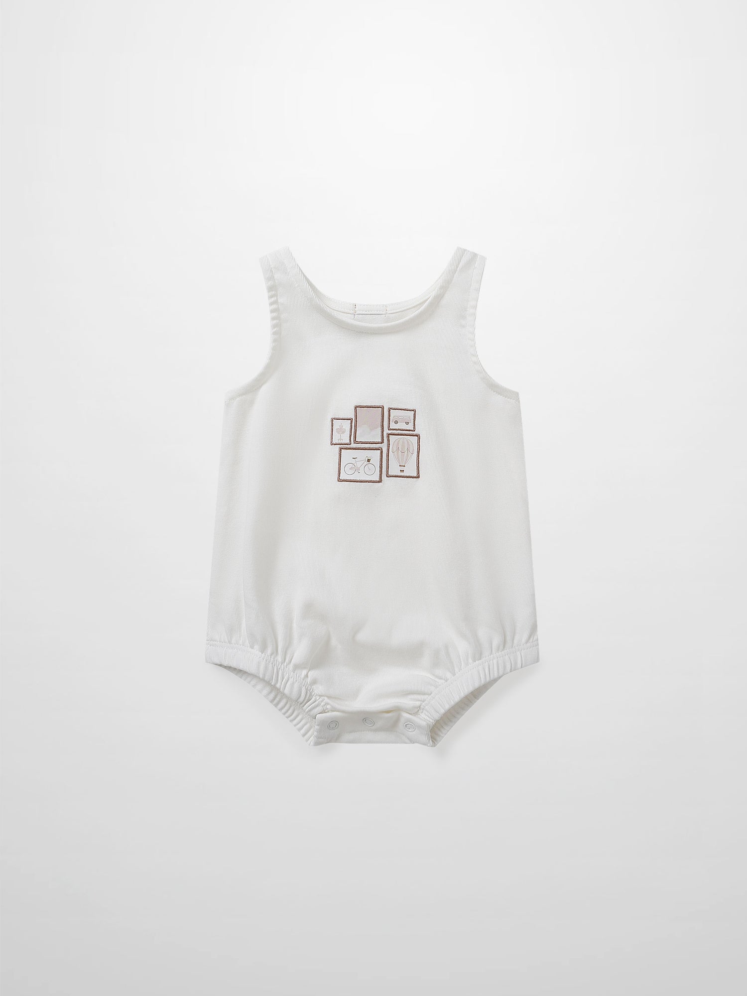 Adee Mini Gallery Romper for baby girls, white sleeveless romper with small framed print on front; snap bottom.