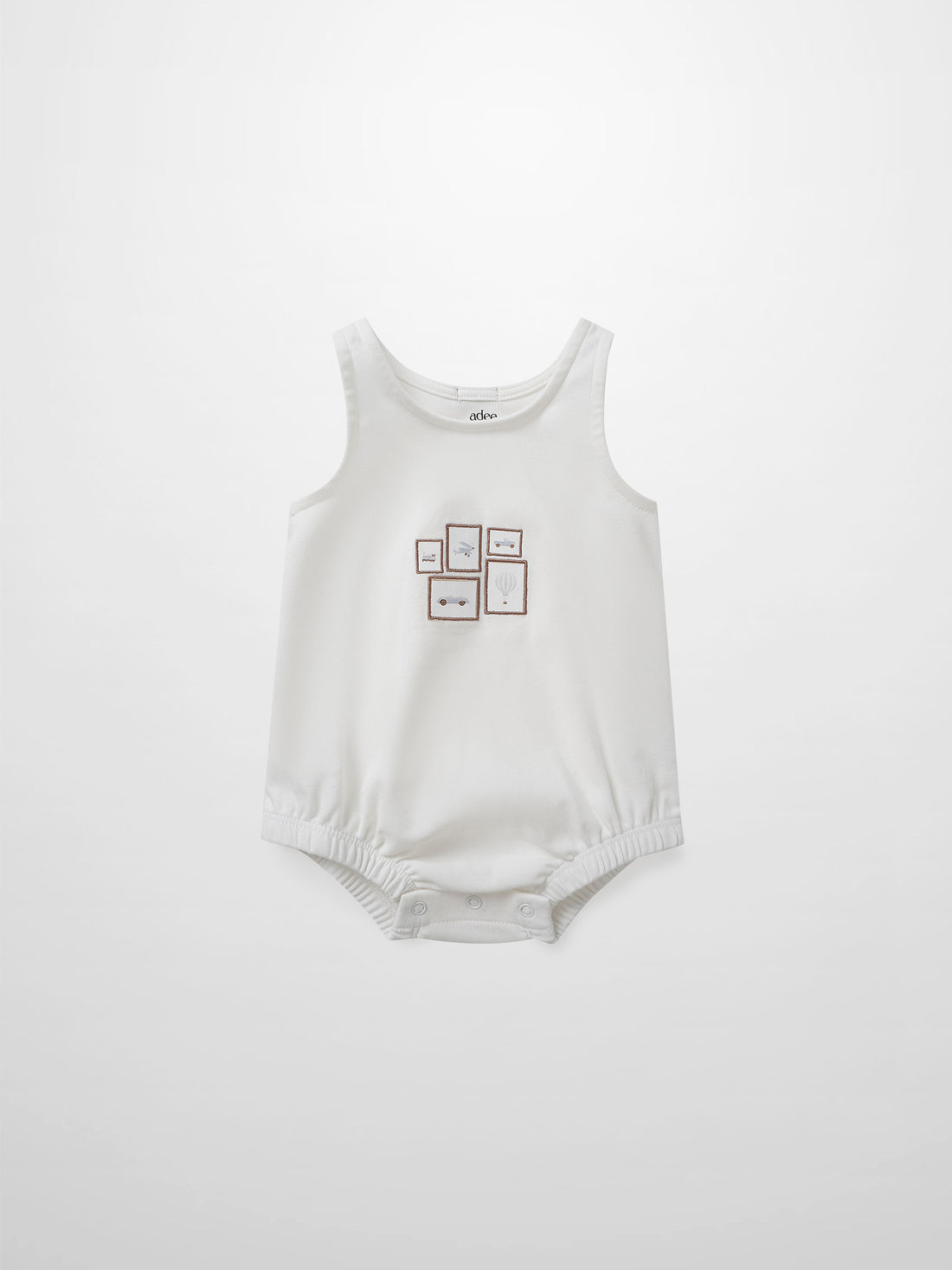 Mini Gallery Romper for baby boys by Adee in white with small framed artwork on the chest.