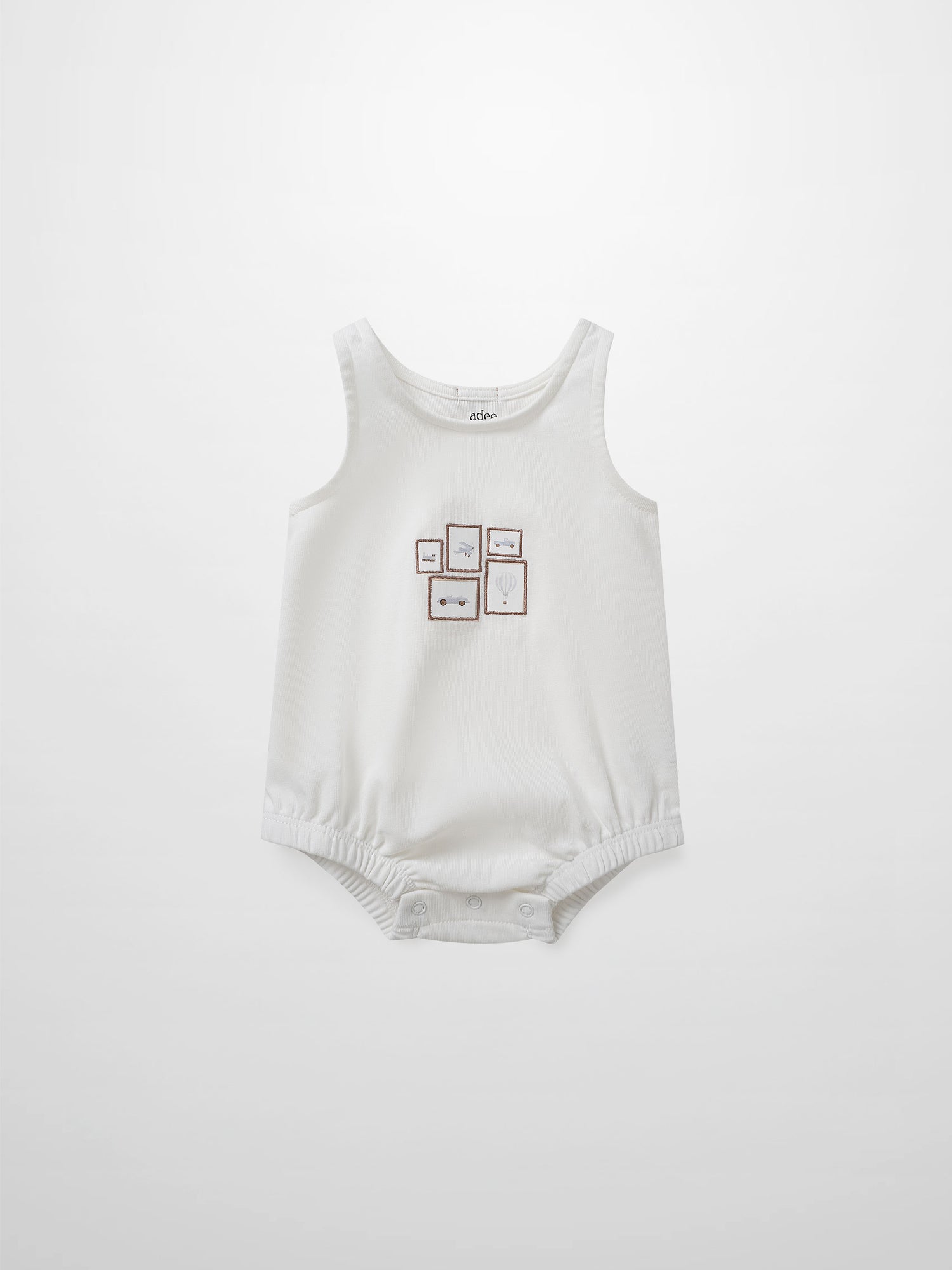Mini Gallery Romper for baby boys by Adee in white with small framed artwork on the chest.