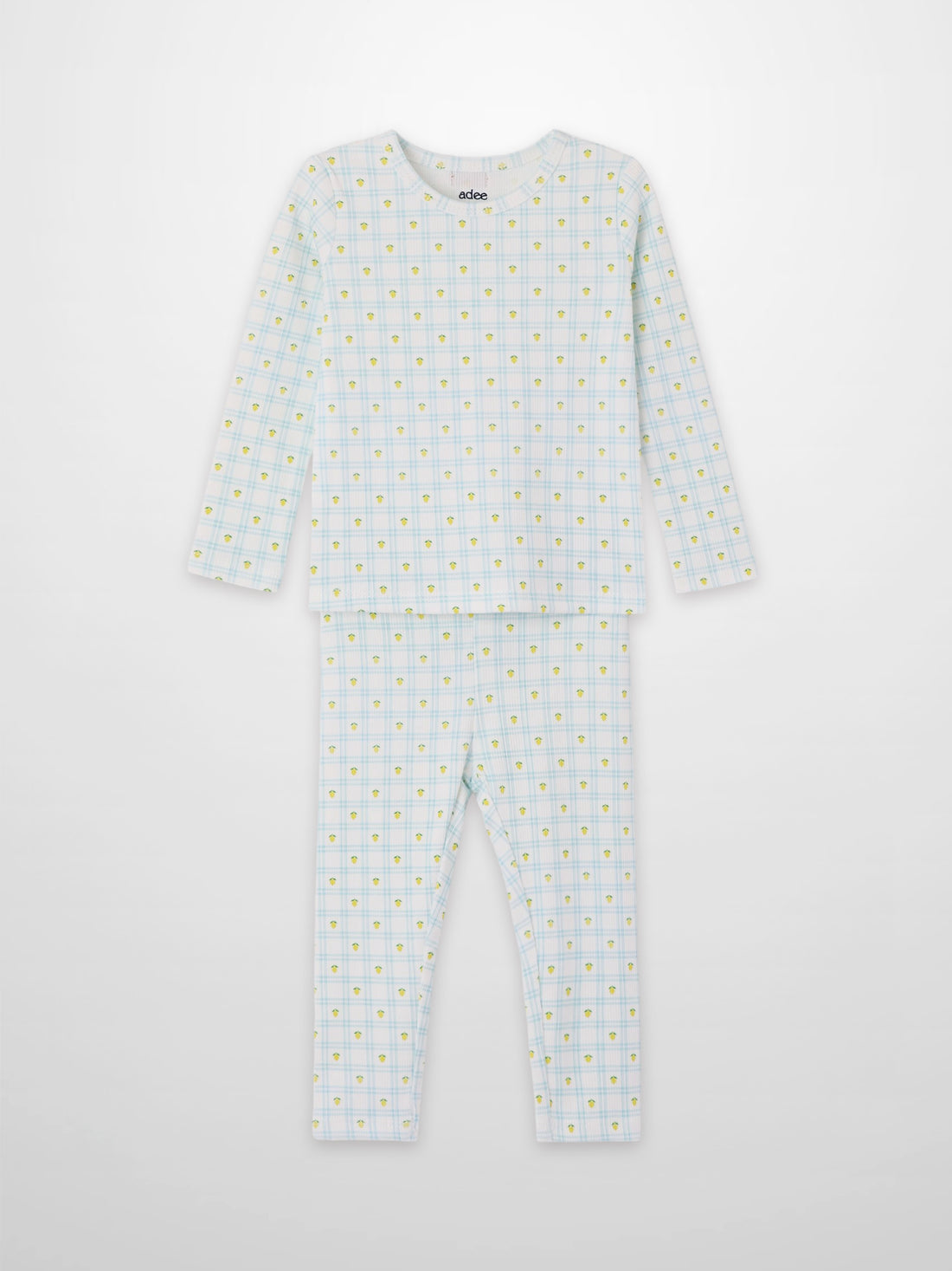 Adee Lemon Window boys pajamas set in white base with light blue grid and yellow lemons, long-sleeve top and pants.