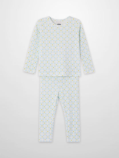 Adee Lemon Window boys pajamas set in white base with light blue grid and yellow lemons, long-sleeve top and pants.