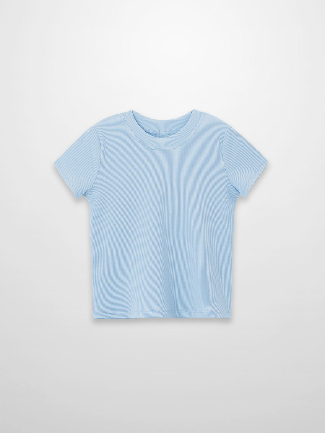 Thin ribbed light blue T-shirt with short sleeves on white background