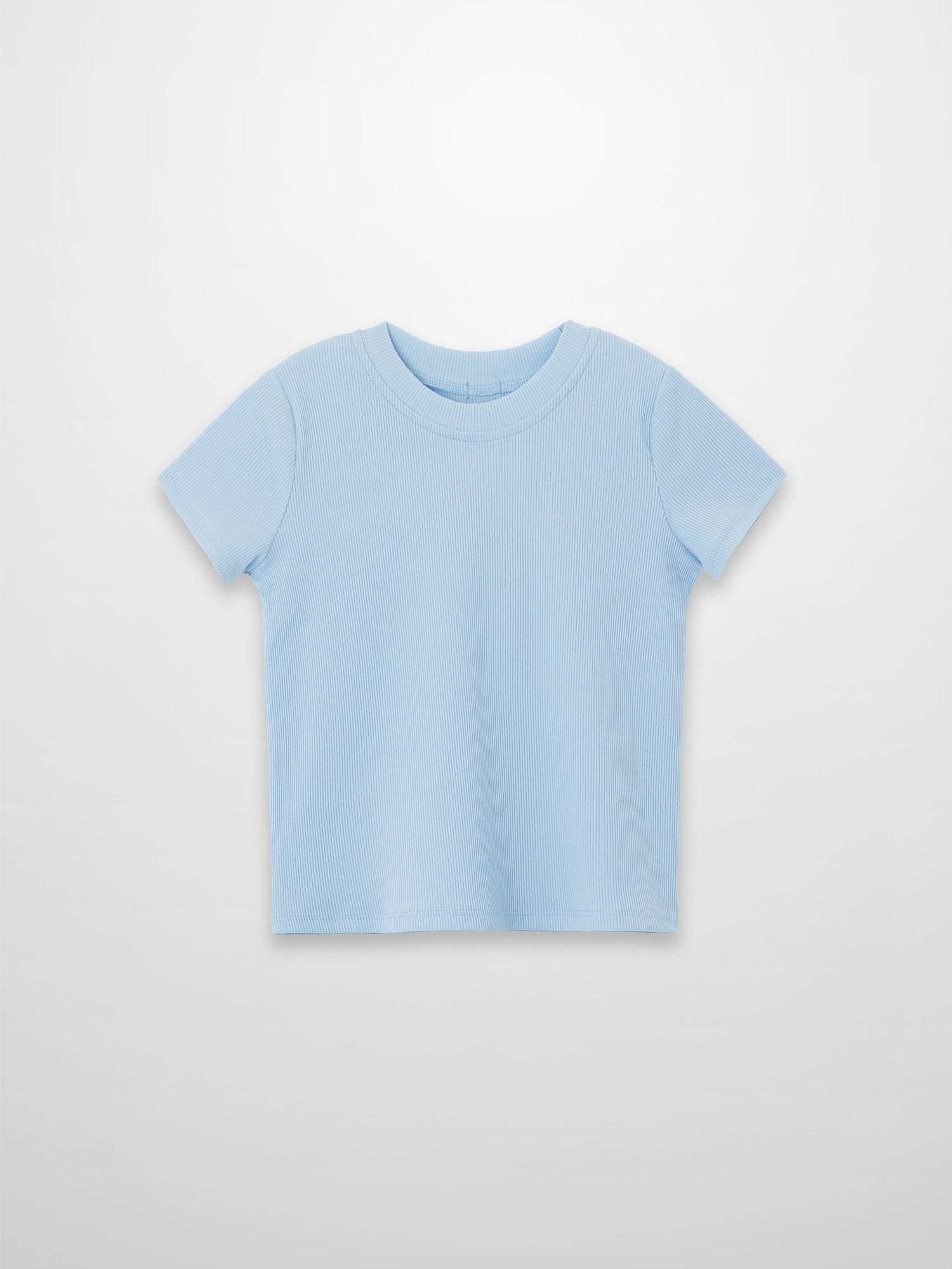 Thin ribbed light blue T-shirt with short sleeves on white background