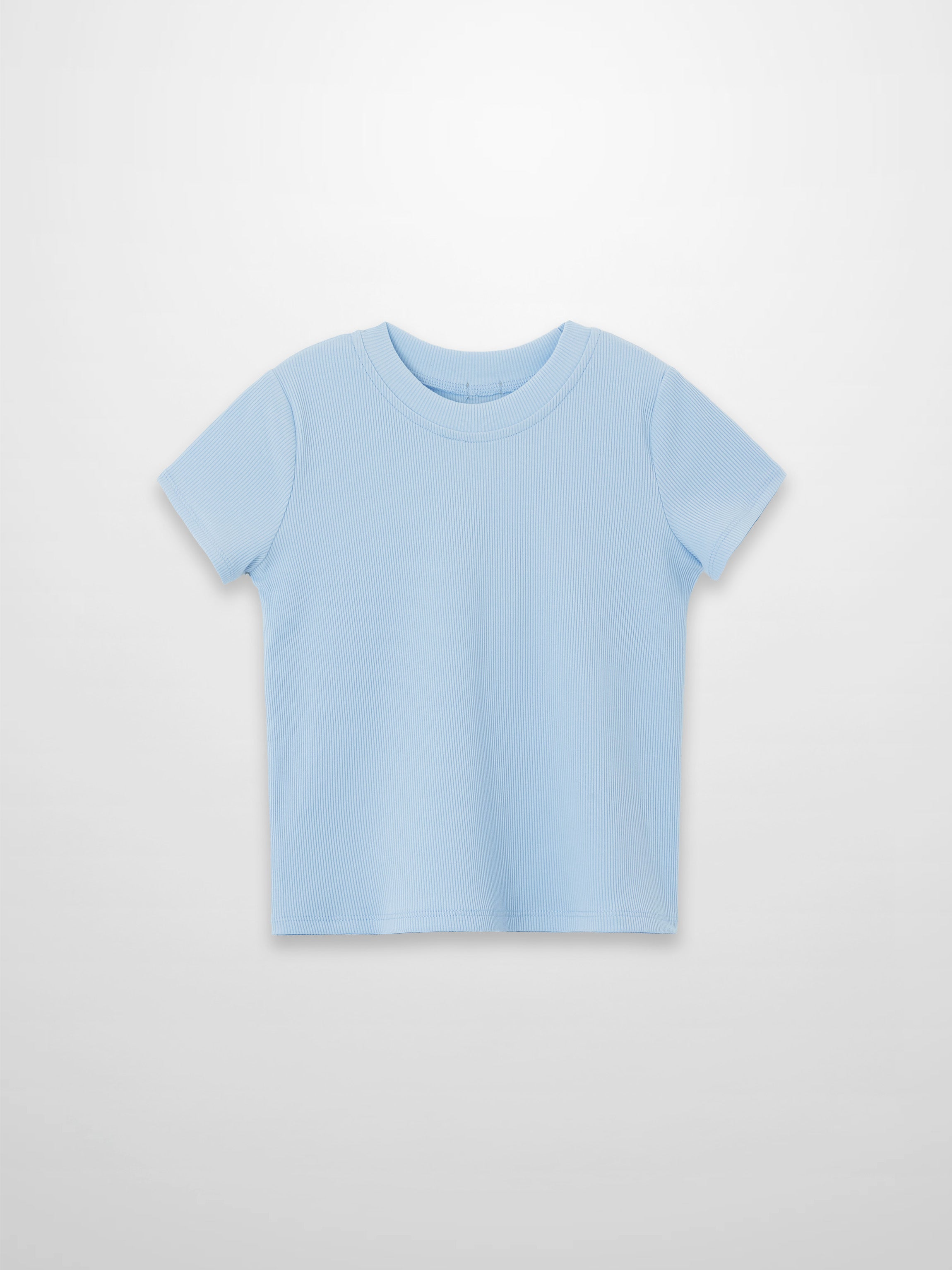Thin ribbed light blue T-shirt with short sleeves on white background