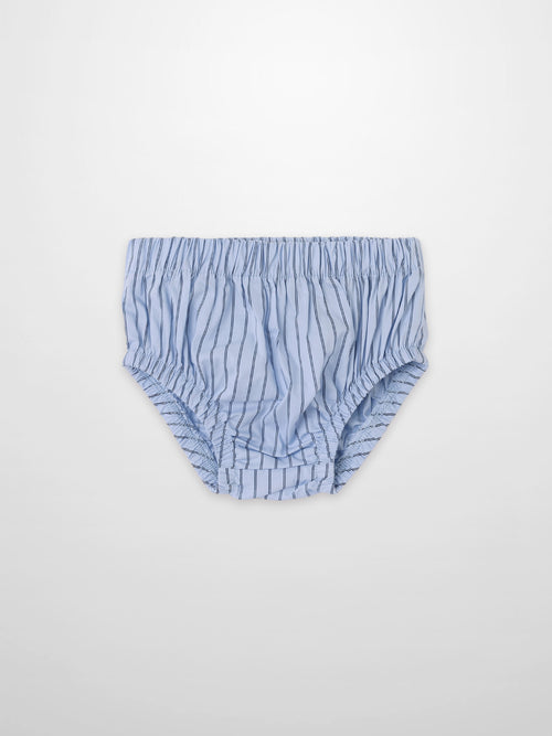 Striped cotton bloomers for boys by Adee; blue with navy vertical stripes