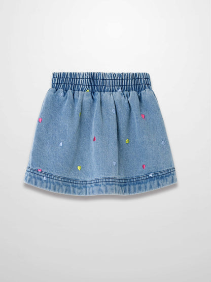 Light-wash denim skirt with multicolor embroidered hearts and elastic waistband