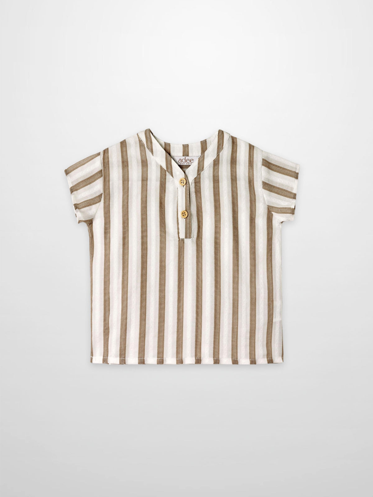 Adee boys dressy shirt, tan and white vertical stripes with short sleeves and two-button placket