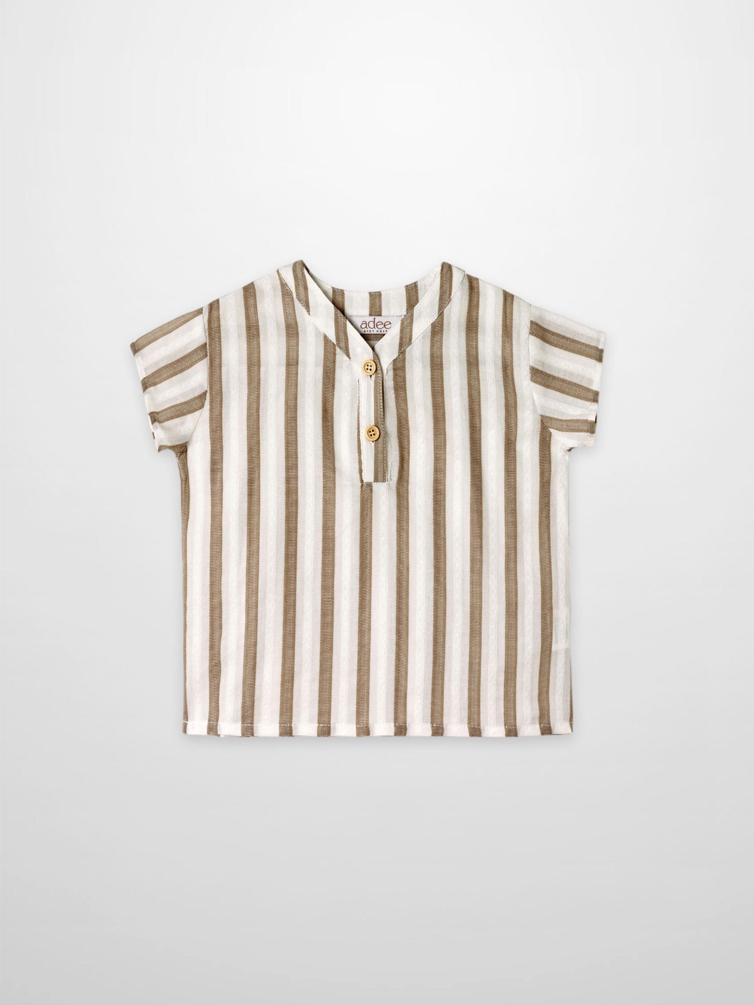 Adee boys dressy shirt, tan and white vertical stripes with short sleeves and two-button placket