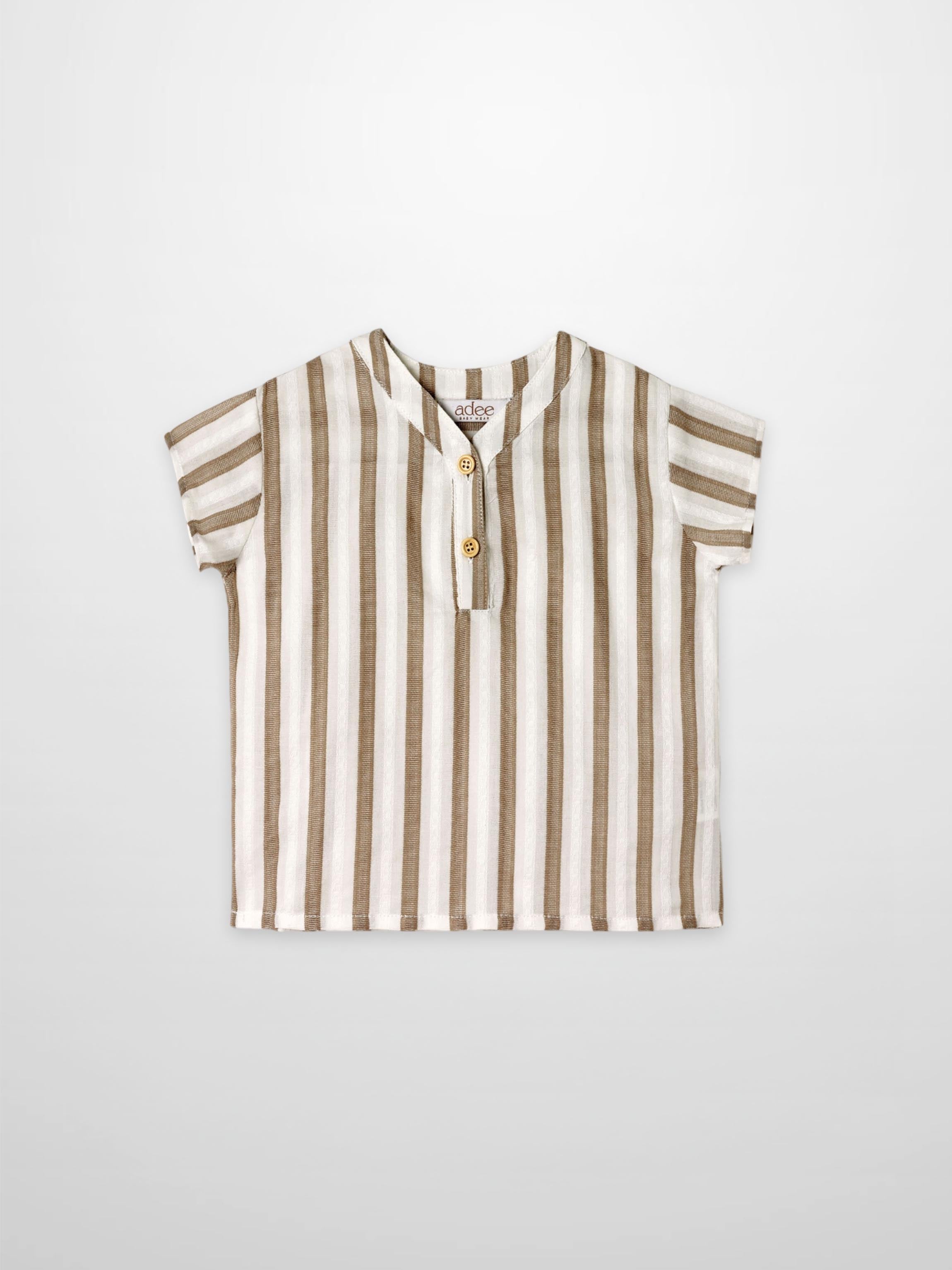 Adee boys dressy shirt, tan and white vertical stripes with short sleeves and two-button placket