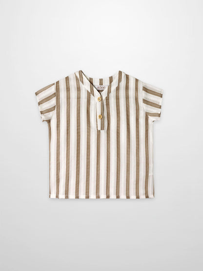 Adee boys dressy shirt, tan and white vertical stripes with short sleeves and two-button placket