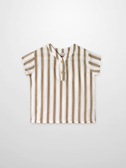 Adee boys dressy shirt, tan and white vertical stripes with short sleeves and two-button placket