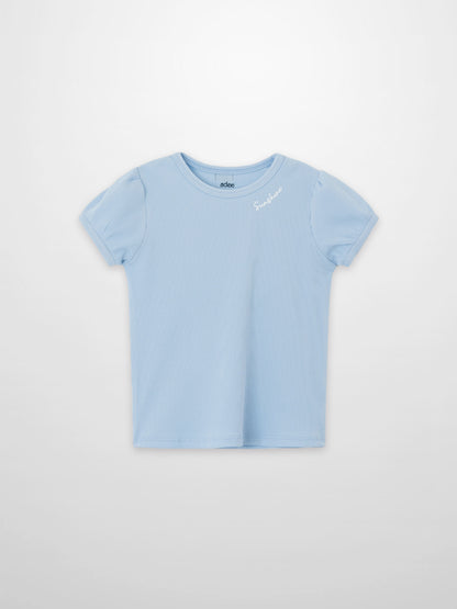 Short Puff Sleeve T-shirt in light blue ribbed knit for girls, Adee, with white Sunshine embroidery
