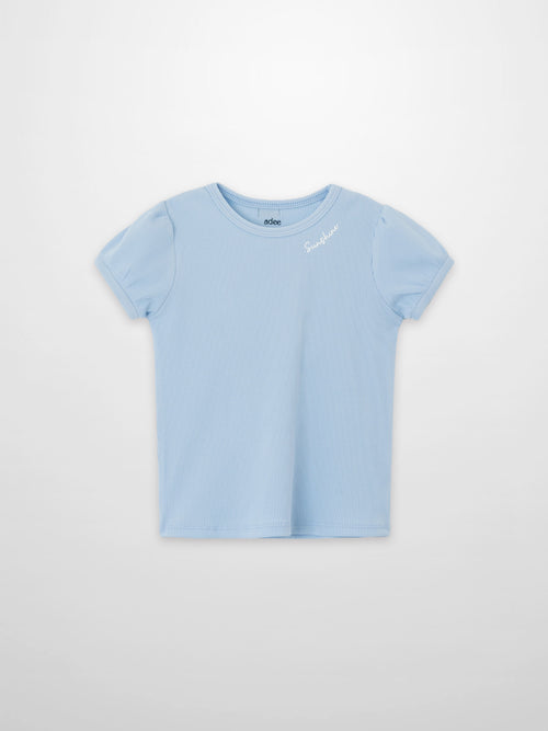 Short Puff Sleeve T-shirt in light blue ribbed knit for girls, Adee, with white Sunshine embroidery