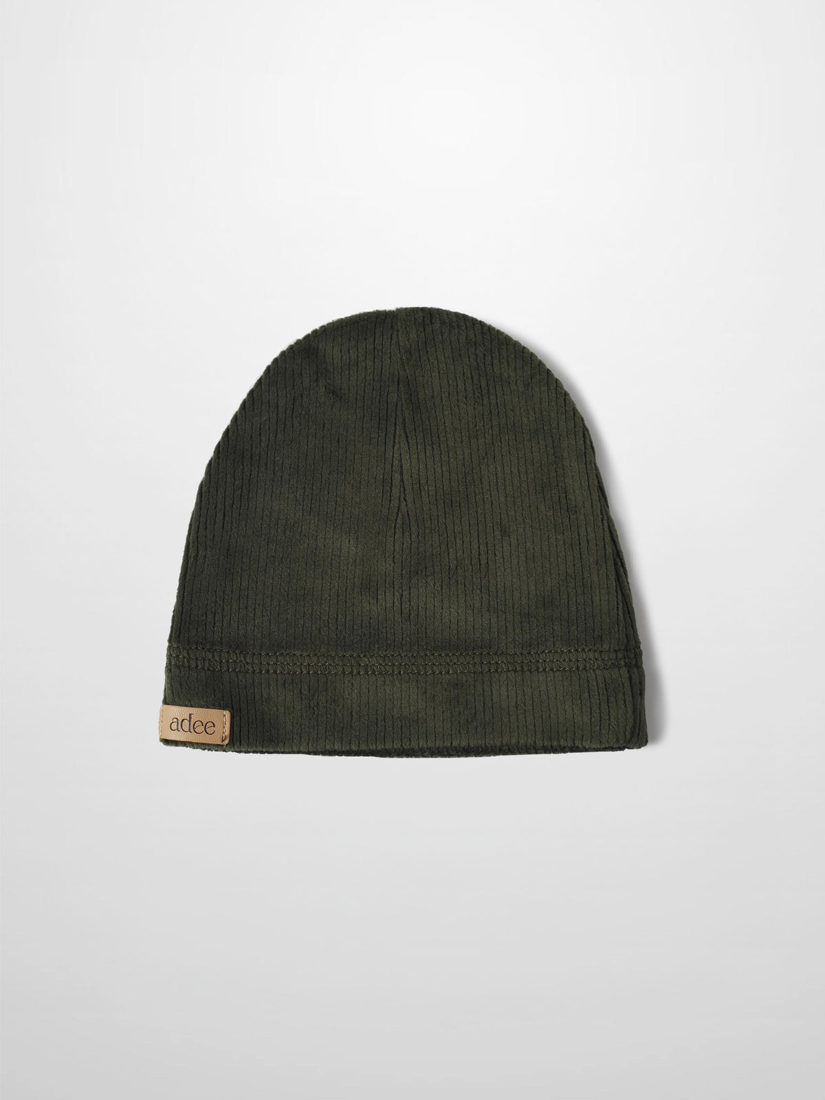 Olive green embroidered car beanie for baby boys in plush ribbed velour with decorative stitching.