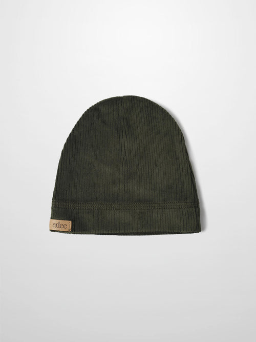 Olive green embroidered car beanie for baby boys in plush ribbed velour with decorative stitching.