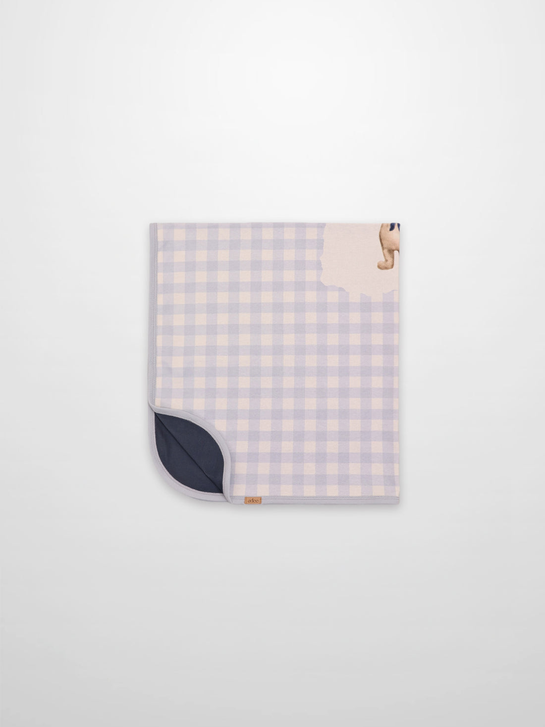 Teddy Frame Blanket swaddle by Adee for boys; lavender plaid with navy reverse and teddy motif.