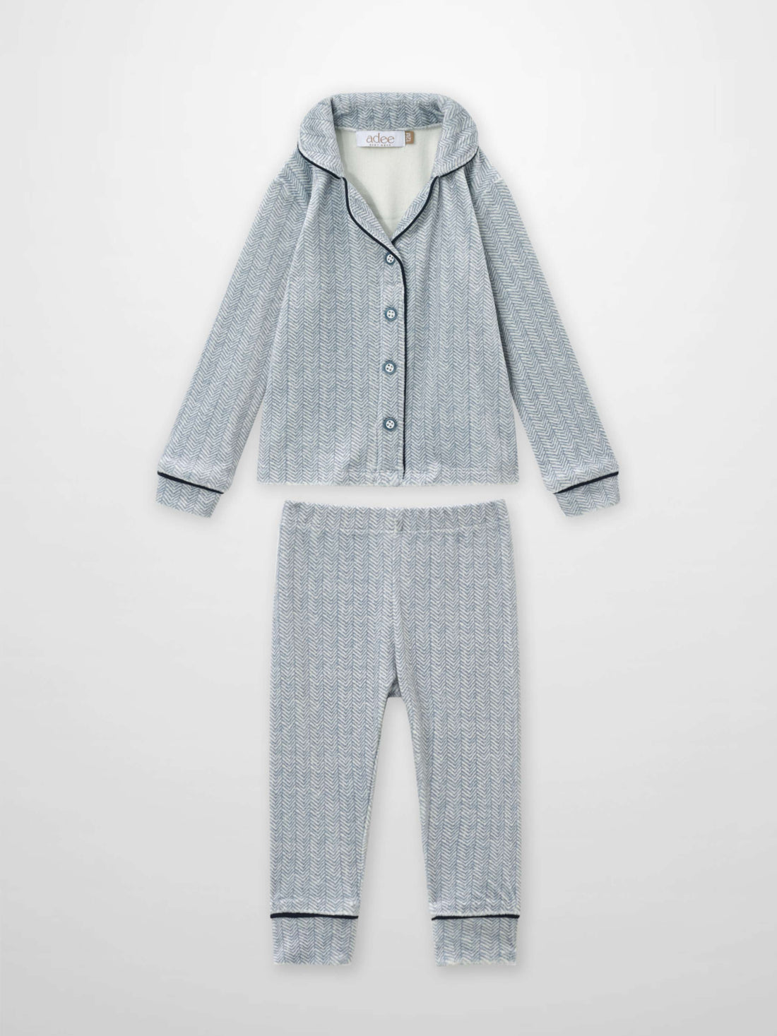 Herringbone Pajamas for boys by Adee, blue two-piece set with piping