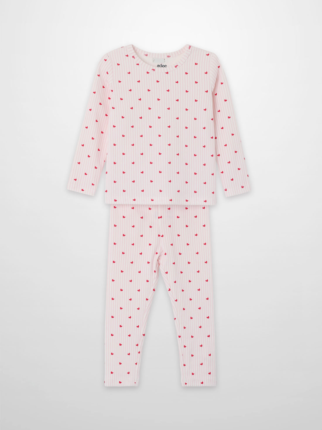 Pink Heart Pajamas for girls by Adee, 2-piece set with long-sleeve top and matching striped pants with red hearts.