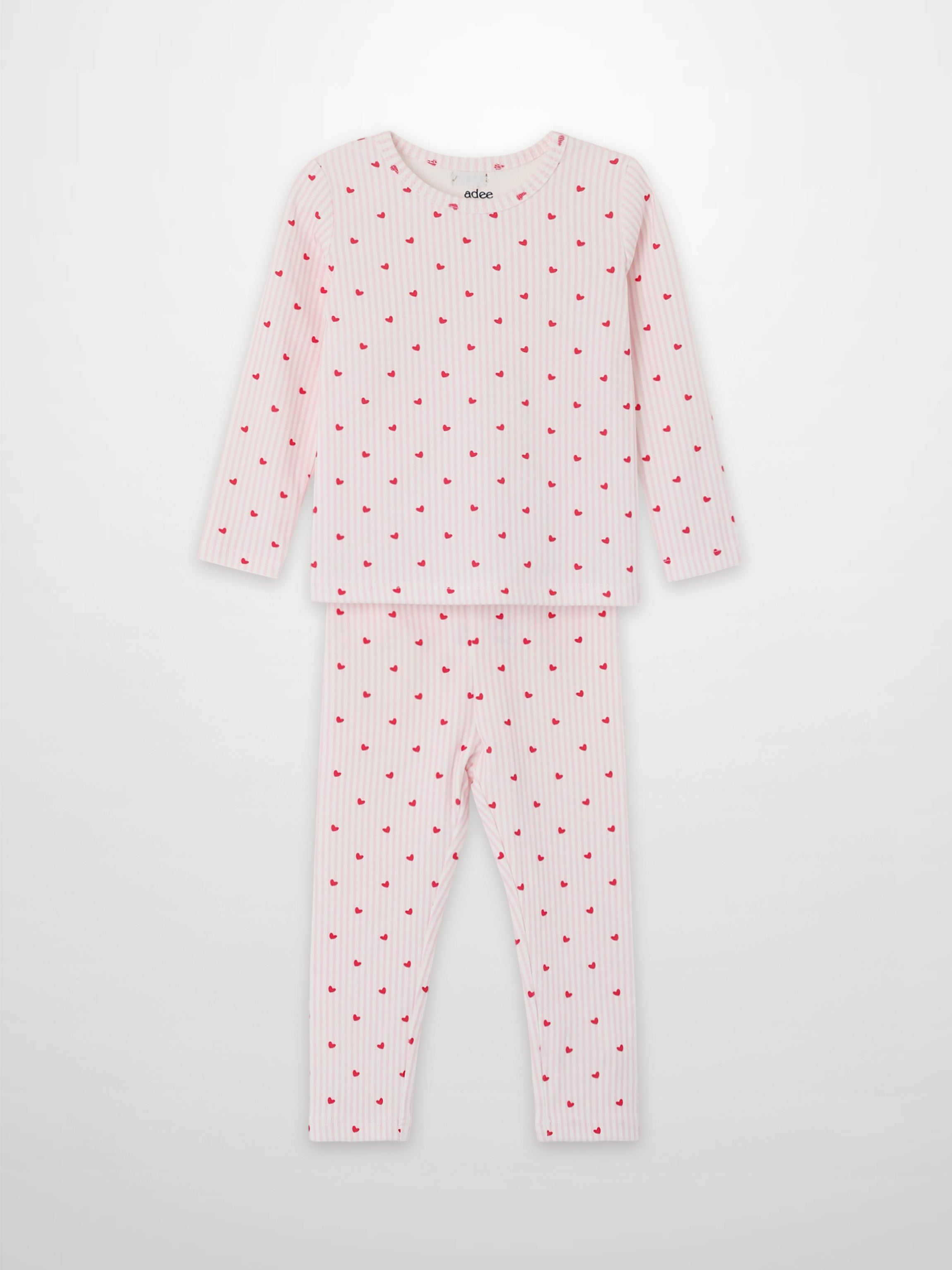 Pink Heart Pajamas for girls by Adee, 2-piece set with long-sleeve top and matching striped pants with red hearts.